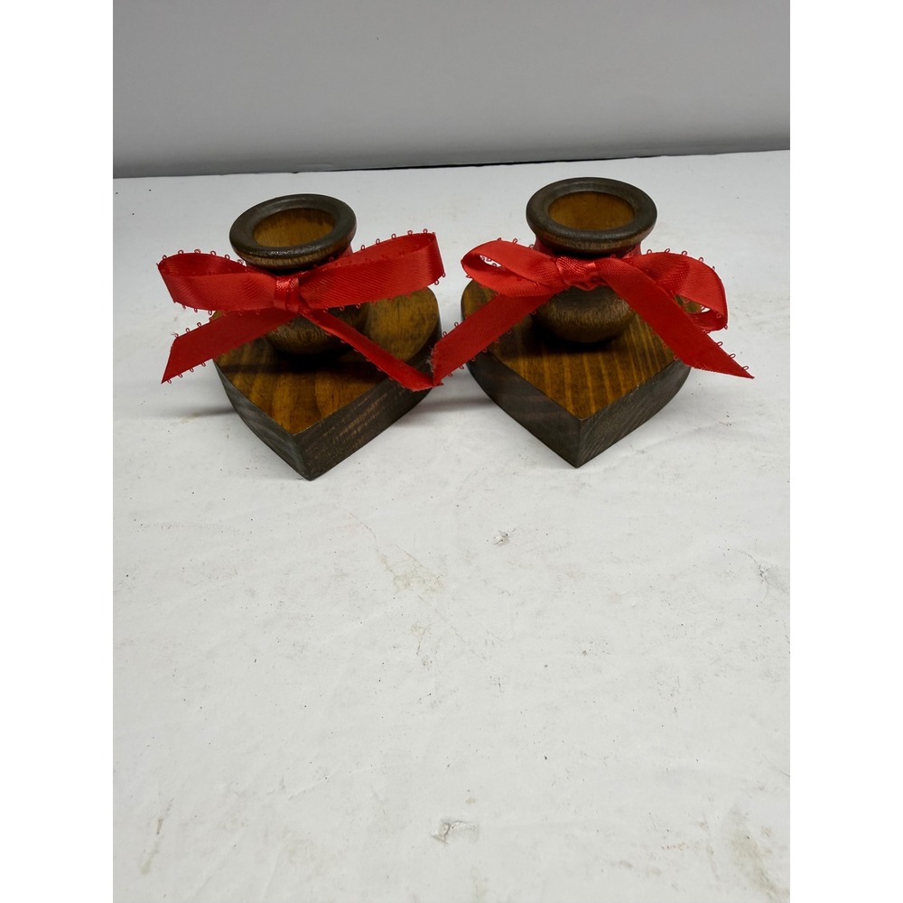Vintage Handmade Wooden Heart Candle Holder Set of 2 Red Ribbon Valentine Decor